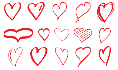 Collection Set Bundle of hand drawn red hearts doodles with rough edges, love romance symbols, realistic textured vector shapes 
