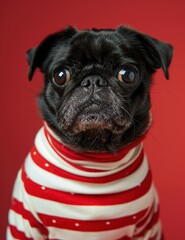 A black pug wearing a red and white striped shirt against a red background.