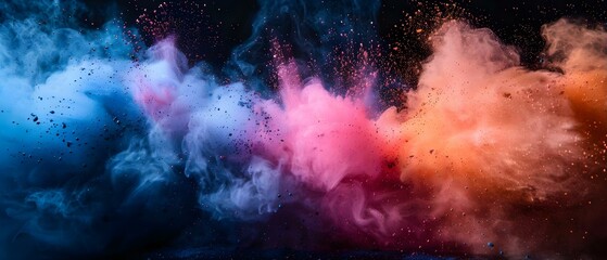 Colorful powder explosion on black background creates dynamic visual chaos. Concept Powder Explosion, Colorful Background, Visual Chaos, Dynamic, Abstract Art