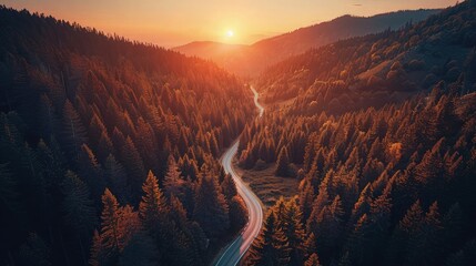 An idyllic autumn morning on a secluded mountain road, with the first rays of the sun breaking over the horizon. The road meanders through a landscape dotted with deciduous trees. - Powered by Adobe