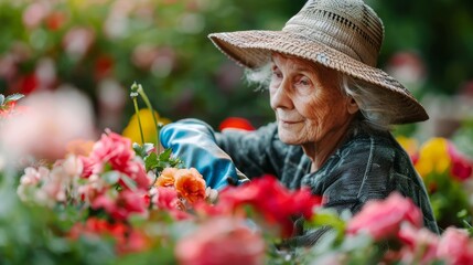 Elderly woman tenderly caring for her vibrant garden full of colorful flowers
