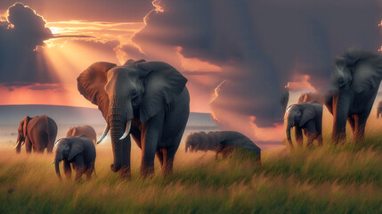 Elephants in the savannah at sunset Generative AI