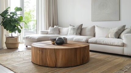 Fototapeta na wymiar Round wood coffee table against white sofa. Scandinavian home interior design of modern living room.