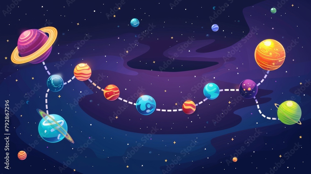 Poster ui play design with funny universe and alien planets on dotted route to the finish line. cartoon mod