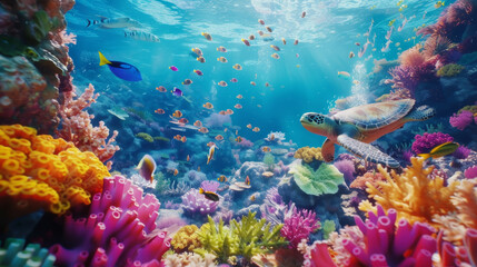 Fototapeta na wymiar Stunning underwater seascape with vivid coral reef and sea turtle