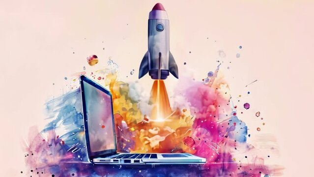 Animation of rocket coming out of computer, watercolor style
