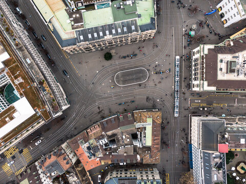 Zurich, Switzerland: Aerial top down view  Zurich business and financial district centered around the Paradeplatz square and the old town in Switzerland largest city.