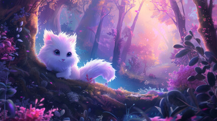 Charming anime style fluffy creature in a vibrant pastel-colored forest