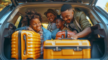 Family prepares for a road trip by packing suitcases in car trunk
