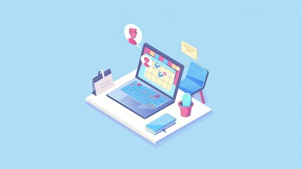 Web site icon with bubble talk and guy avatar near calendar. Flat workspace for an internet meeting on a table.