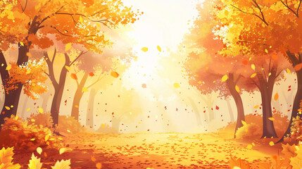 Naklejka na ściany i meble Beautiful autumn landscape with yellow trees and sun.