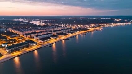 Fototapeta na wymiar Amazing aerial landscape of Gdynia by the Baltic Sea at dusk. Poland