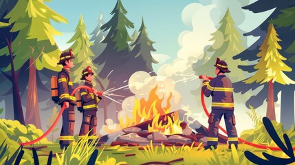 Two firemen extinguishing a forest fire with hoses. A modern illustration of two female characters in uniform dousing wildfires caused by campfires and garbage left on glades, with smoke in the air.