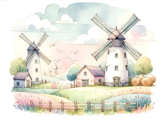 Whimsical Watercolor Windmills | Pastoral Landscape Digital Art Print 
 - obrazy, fototapety, plakaty