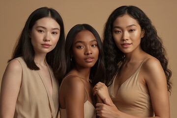 Three women with different skin types pose together in the studio.