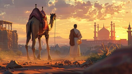 Traditional Arab Man Walking with Camel in Desert with Modern Skyline at Sunset, eid ul adha, Eid al adha - obrazy, fototapety, plakaty