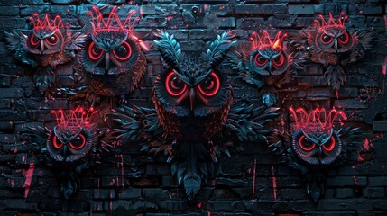 An evocative scene featuring a majestic owl perched against a rustic brick wall. The owl, detailed and realistic, bears a crown crafted from bright neon lights, casting a luminous glow around its head