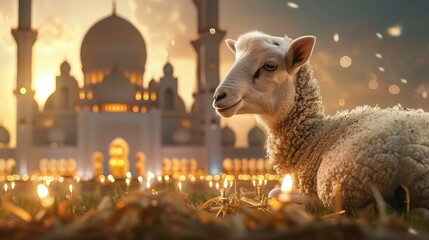Eid al-Adha composition; Sheep looking at camera in front of the mosque at sunset and lots of sheep feeding in the background at sunset, Eid ul adha - obrazy, fototapety, plakaty