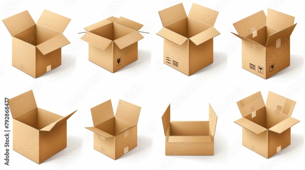 Aufkleber a set of 3d cardboard boxes isolated on a white background. the packaging is closed and open, the pr