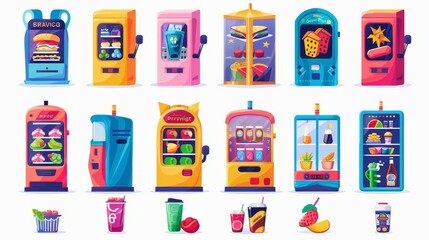 A fruit, coffee, sandwich, and juice dispenser for the bar or parking lot. Convenience device to sell healthy products from a slot clipart set. - obrazy, fototapety, plakaty