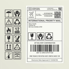 Postal label. Vector sticker, filled with template data for logistic design. Set of postal icons explaining rules for cargo shipment: do not throw, protect from rain, transport carefully.