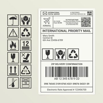 Postal label. Vector sticker, filled with template data for logistic design. Set of postal icons explaining rules for cargo shipment: do not throw, protect from rain, transport carefully.