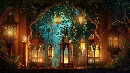 Mosque under the night sky and moon, Ramadan Kareem, Eid ul fiter, Eid al adha - obrazy, fototapety, plakaty
