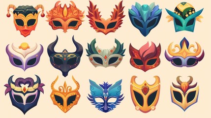 Carnival masks for masquerades or Halloween costumes. Traditional theater and Mardi Gras festival disguise elements with animals.