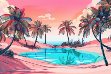 Fototapeta na wymiar A vibrant desert oasis in pop art style, lush palm trees, turquoise water, simplified shapes