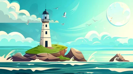 Tafelkleed Modern illustration of lighthouse building on sea island with beacon tower on green rock surface, waves covering the water surface, birds flying in the sky in cloudy blue sky. © Mark