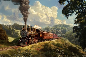 Antique steam trains passing through the countryside - obrazy, fototapety, plakaty