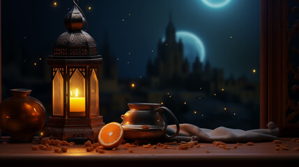 Naklejka premium A beautiful lantern with an orange and a copper pitcher on a wooden table against a backdrop of a starry night sky.