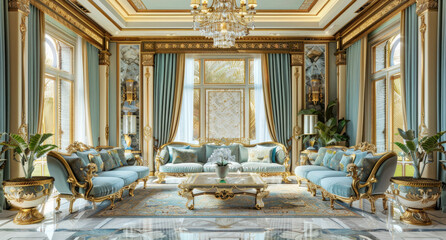 Fototapeta premium interior design of a modern luxury living room in an Arabic style with a golden and blue color theme, a gold chandelier, cream white curtains, a light grey marble floor, wooden furniture