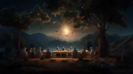 The last supper of Jesus with his 12 disciples