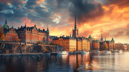 Beautiful cityscape at sunset in Old Town of Stockholm