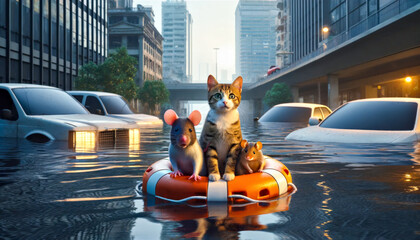 A kitten with a mouse on its makeshift raft, surveys the urban landscape amidst a city flood, encapsulating a moment of calm and the need for rescue