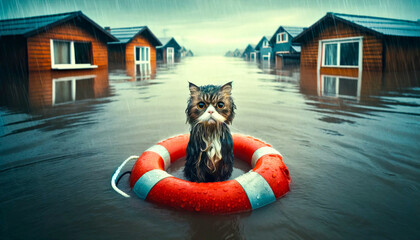 A vigilant cat perches on a lifebuoy, gazing out at a flooded neighborhood, a symbol of silent resilience awaiting rescue in flood - 792869416