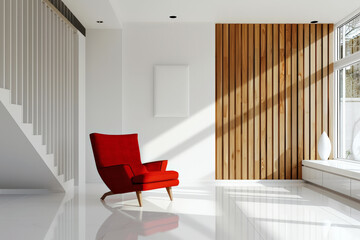 Contemporary home interior with minimalist decor, bright sunlight, and a striking red chair.