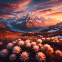 montagna al tramonto con fiori