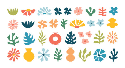 Collection hand drawn abstract organic nature shapes, flowers, exotic tropical decoration, trendy graphic elements. Contemporary art collage. Modern vector design for cards, textile, posters.