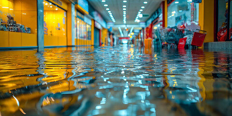 Blurred scene with Abandoned shopping carts in a flooded, illuminated mall corridor. Flood consequences. Concept climat change.