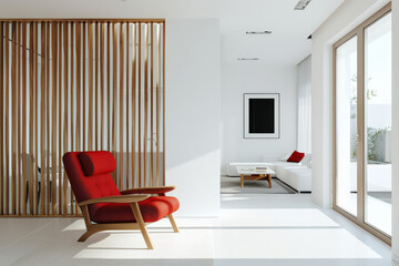 Contemporary Living Space with Bright Red Chair and Spacious Windows.