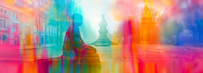 A solitary figure is seated in a city square, surrounded by a vivid play of light and color, evoking a sense of stillness amidst urban life - 792869478