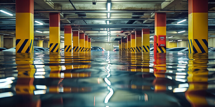 Underwater Parking Lot. Submerged Cars in Flooded Parking. Flood consequences. Concept climat change.