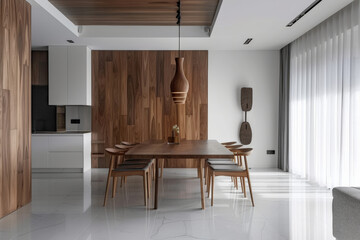 Spacious Modern Dining Room with Wooden Furnishings and Elegant Decor in Apartment Interior