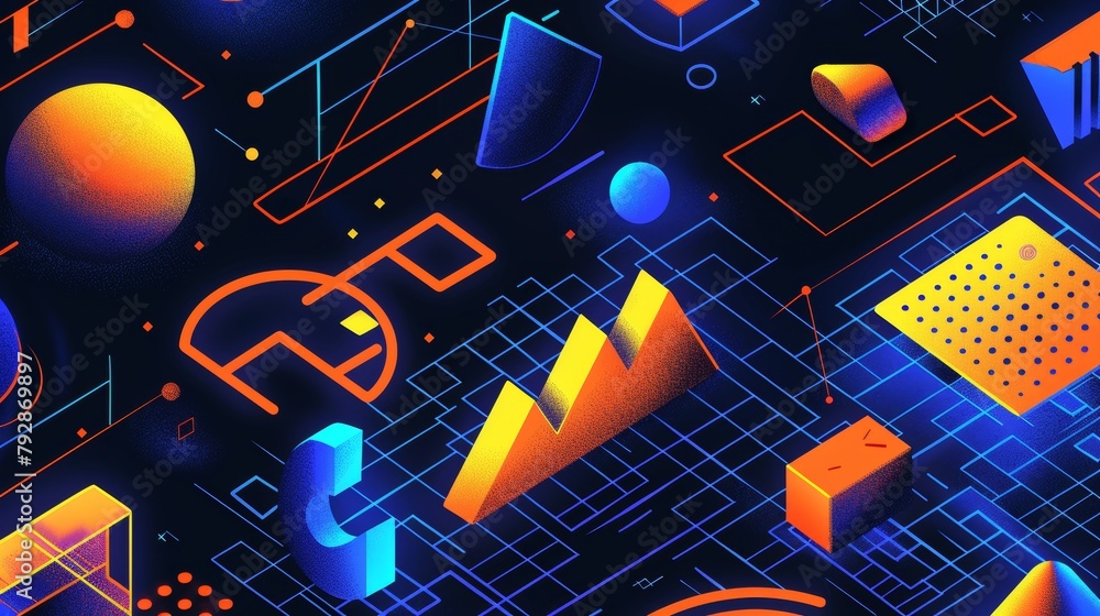 Poster y2k poster design template with abstract grid 3d tunnel shapes, simple icons, and text block. modern