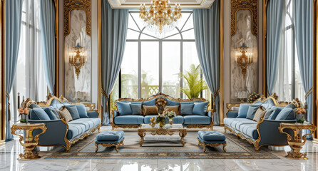 Fototapeta premium interior design of a modern luxury living room in an Arabic style with a golden and blue color theme, a gold chandelier, cream white curtains, a light grey marble floor, wooden furniture