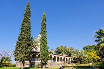The Church of the Beatitudes near lake Tiberias in Israel is a Catholic church of the Italian...