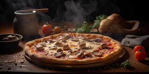 Fresh baked tasty pizza with meat and vegetables and herbs on dinner table. Meal food restaurant background scene