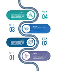 4 Process Infographic Roadmap Design Template. Milestone, Timeline, Steps and Option to success. Vector illustration.